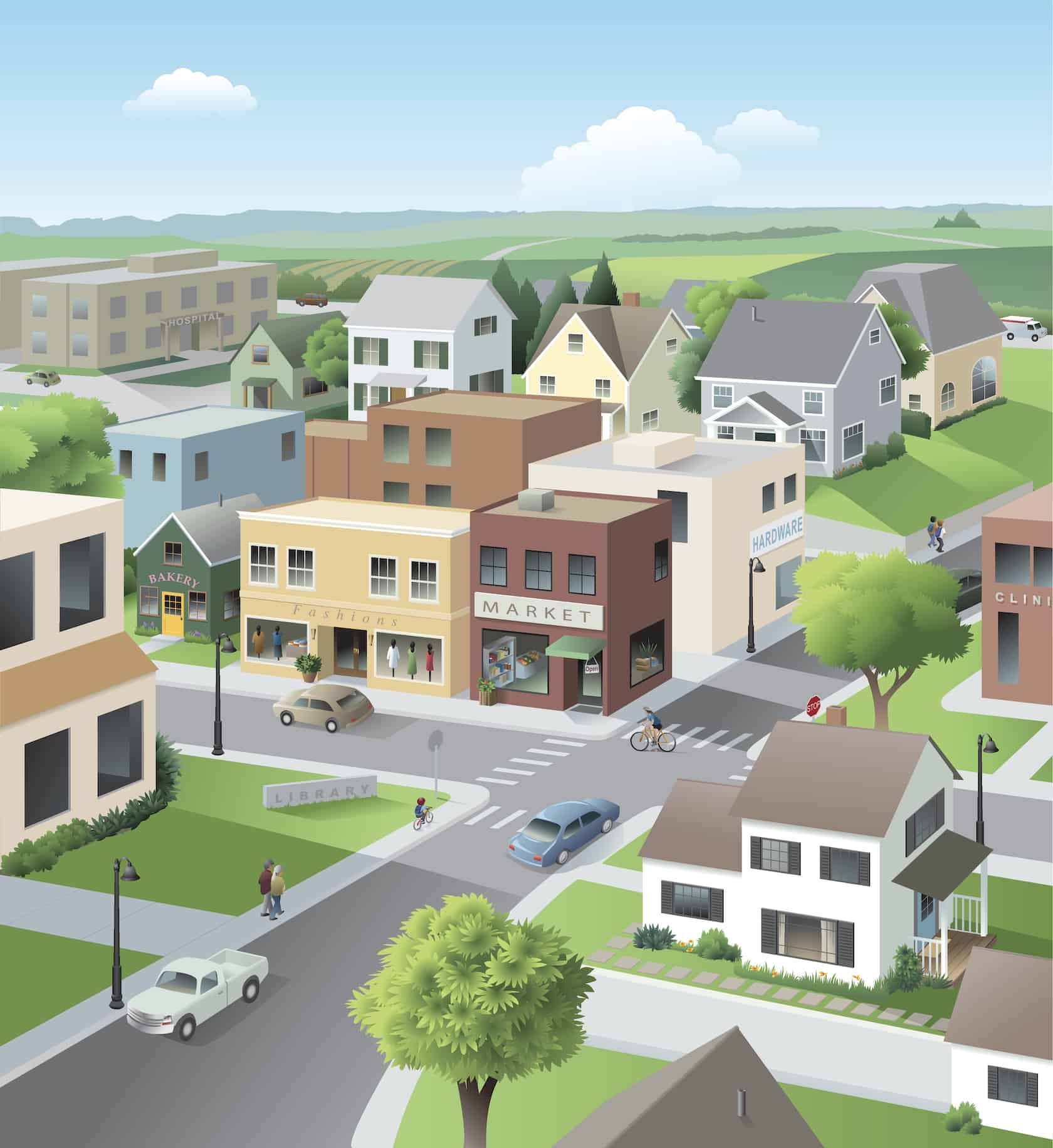 cartoon image of downtown neighborhood center with cars and market